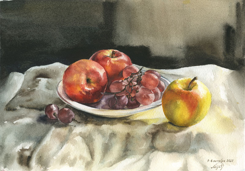 Натюрморт с яблоками и виноградом